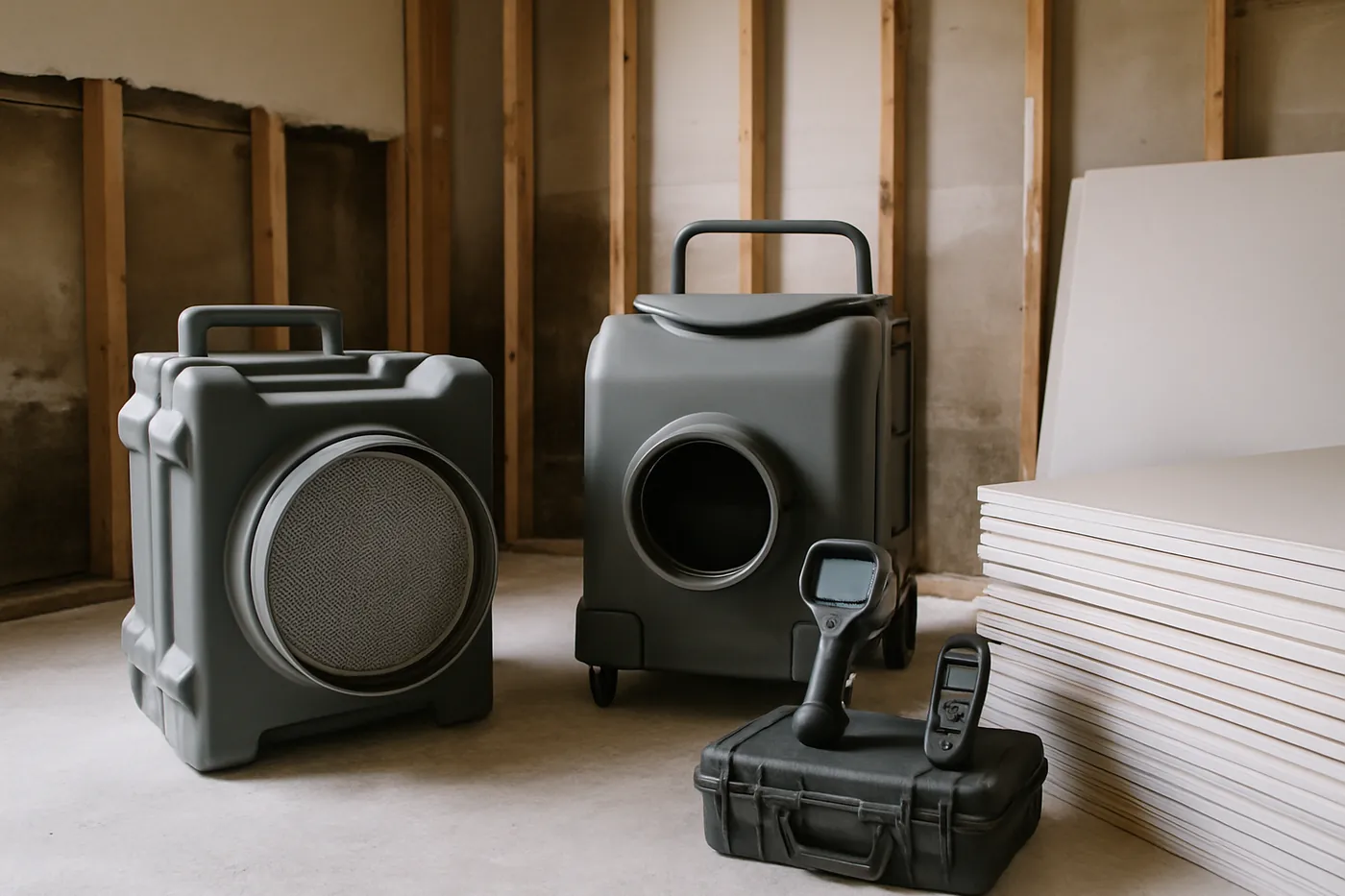 HEPA air scrubber and dehumidifier staged for mold removal in a Mobile home